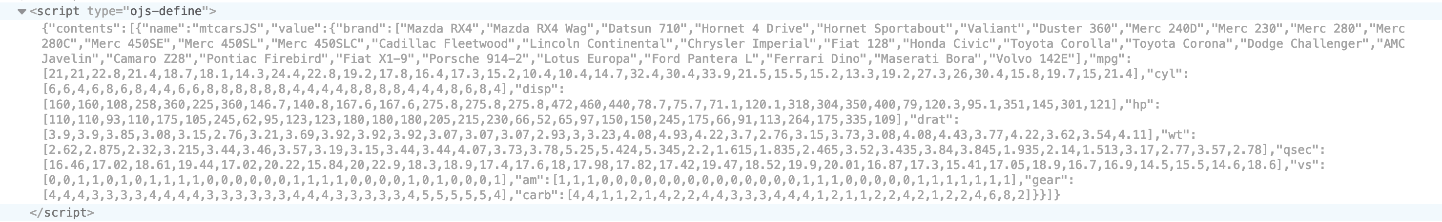 Screenshot of inspector in firefox. it shows the script type=‘ojs-define’ tag described earlier. the contents of the tag are the mtcars data in JSON form.